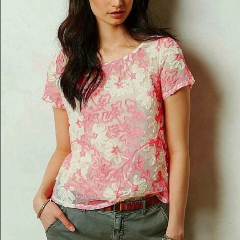 Anthropologie - Meadow Rue Floral Ribbon Sheer Blouse. Hot Pink Size Medium